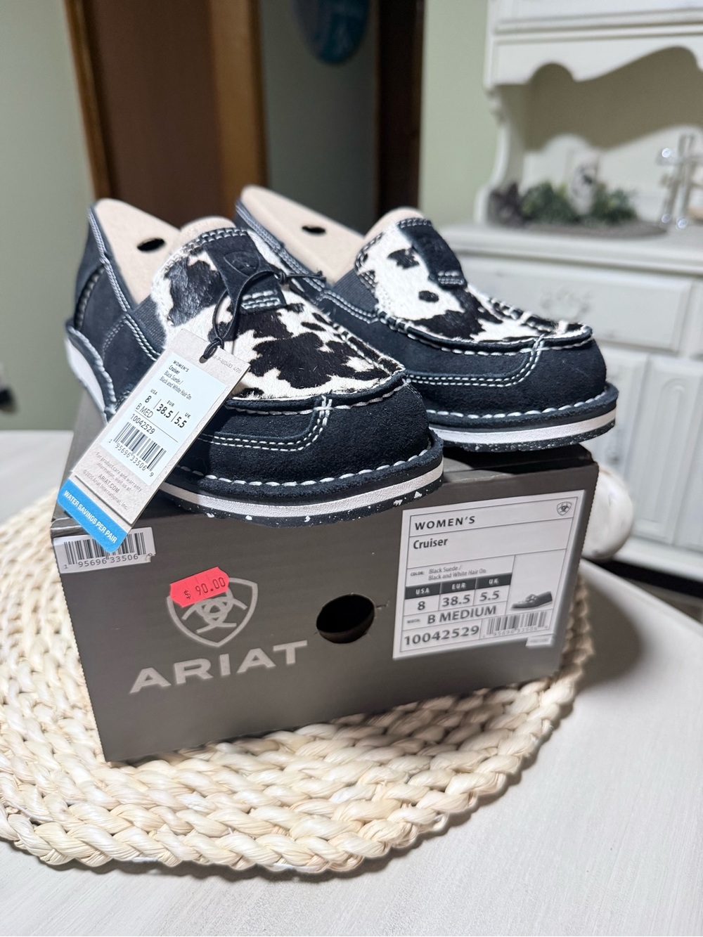 Ariat Black and White Cowhide Moccasin Loafers - Picture 3 of 5